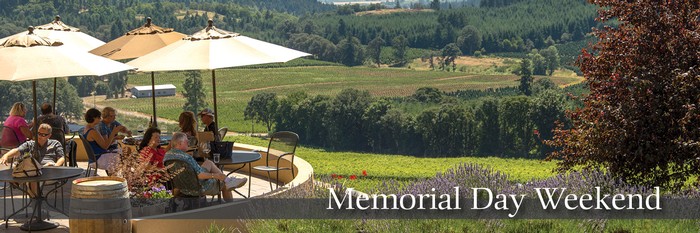 Guests sitting on patio sipping wine. Text on image reading Memorial Day Weekend.