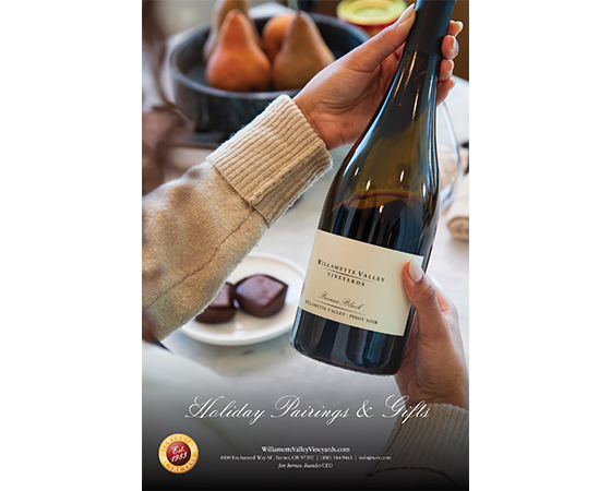 Willamette Valley Vineyards 2022 Holiday Gift Guide cover showing the 2018 Willamette Valley Vineyards Bernau Estate Pinot Noir