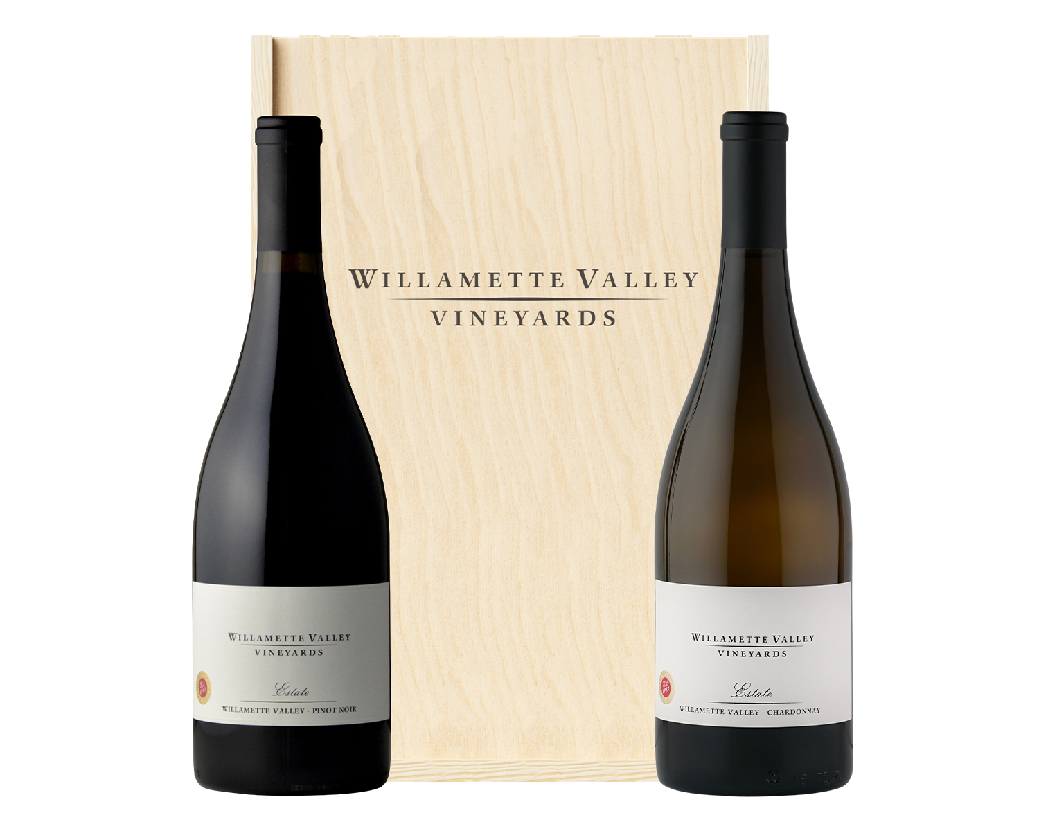 Two Willamette Valley Vineyards bottles in a wood box