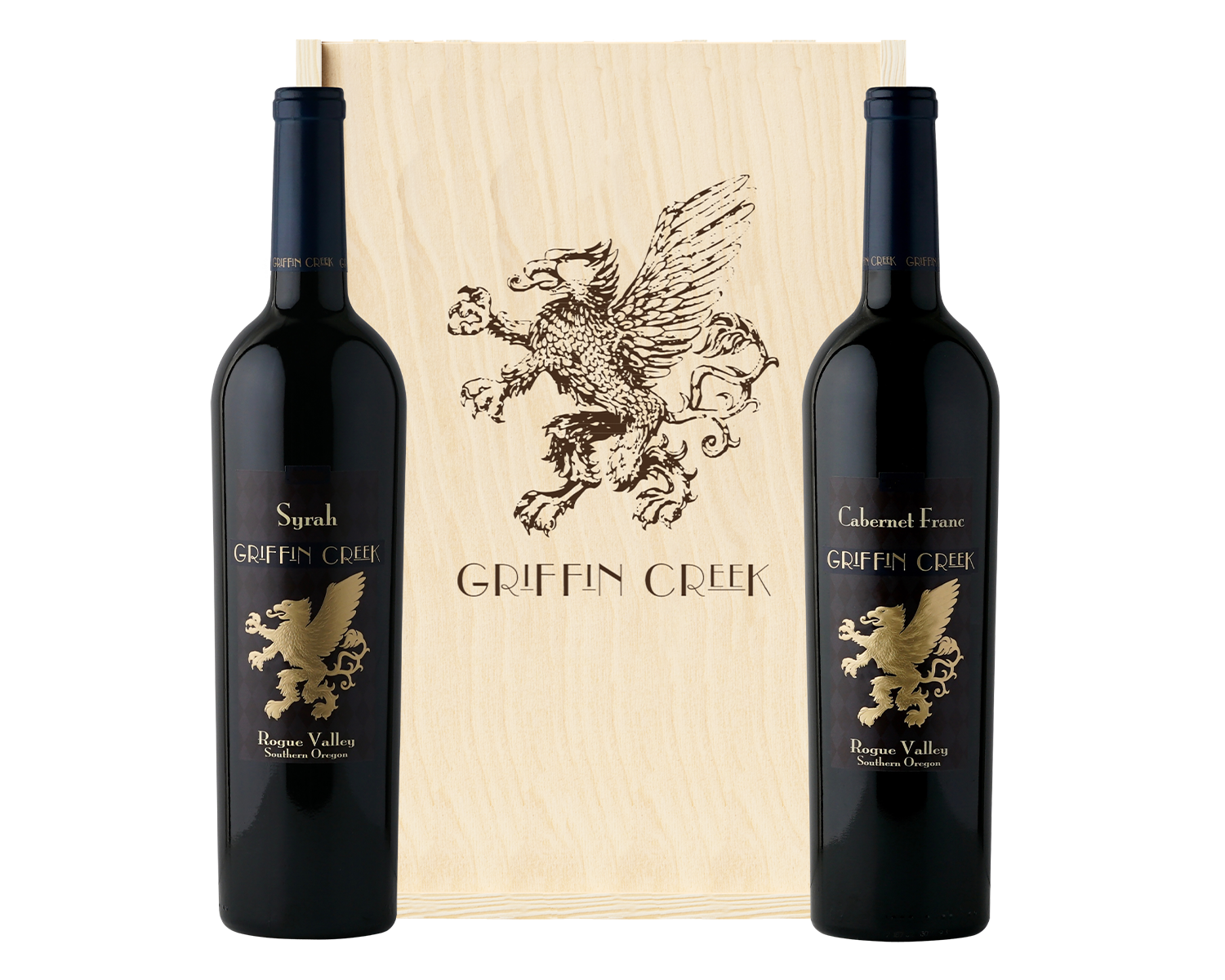 Two Griffin Creek wines in a wood box