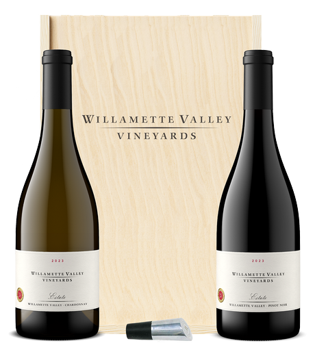 Estate Duo - Two Willamette Valley Vineyards bottles and a wine stopper in a wood box