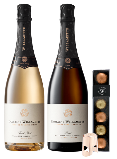 Sparkling Duet - Two Domaine Willamette Sparkling Wines, chocolates and a Domaine Willamette branded sparkling wine stopper. 