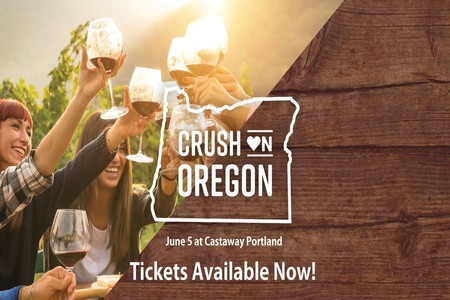 Image of several people sitting at a table enjoying a glass of red wine with a logo of Crush On Oregon in front.