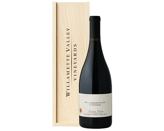 A magnum Elton wine bottle inside a large wooden box