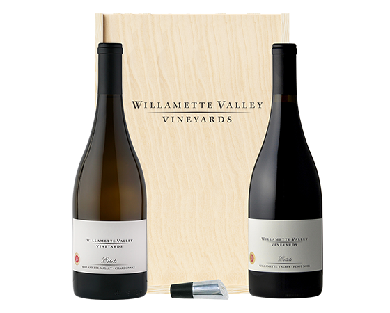 Estate Duo - Two Willamette Valley Vineyards bottles and a wine stopper in a wood box
