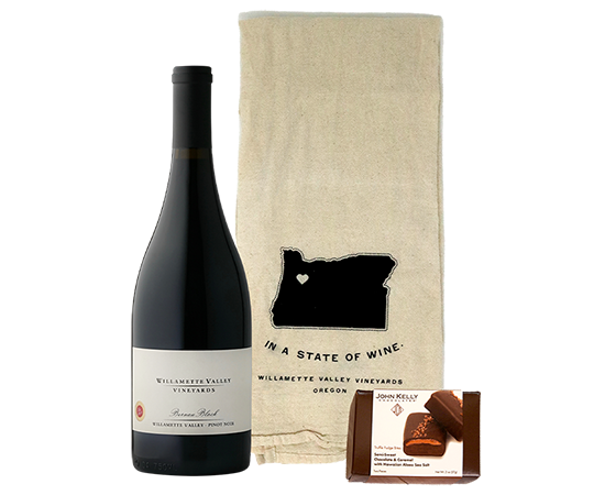 Epicurean Collection - Willamette Valley Vineyards Pinot Noir offered with gourmet Chocolate and a decorative tea towel