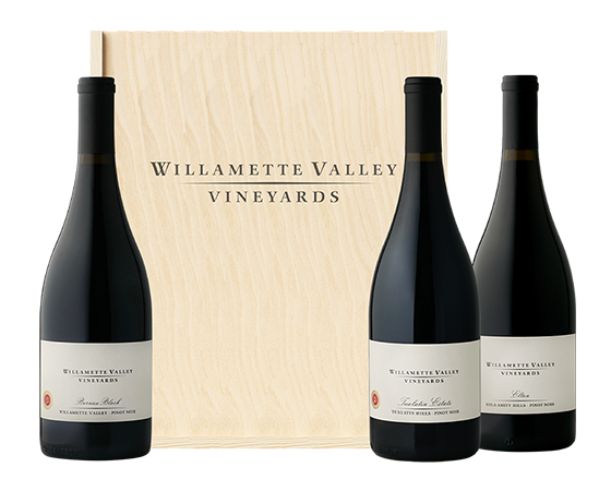 Single Vineyard Pinot Noir Trio - Three Willamette Valley Vineyard Pinot Noirs in a branded wooden box.