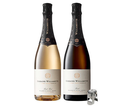 Sparkling Duet - Two Domaine Willamette Sparkling Wines and a Domaine Willamette branded sparkling wine stopper. 