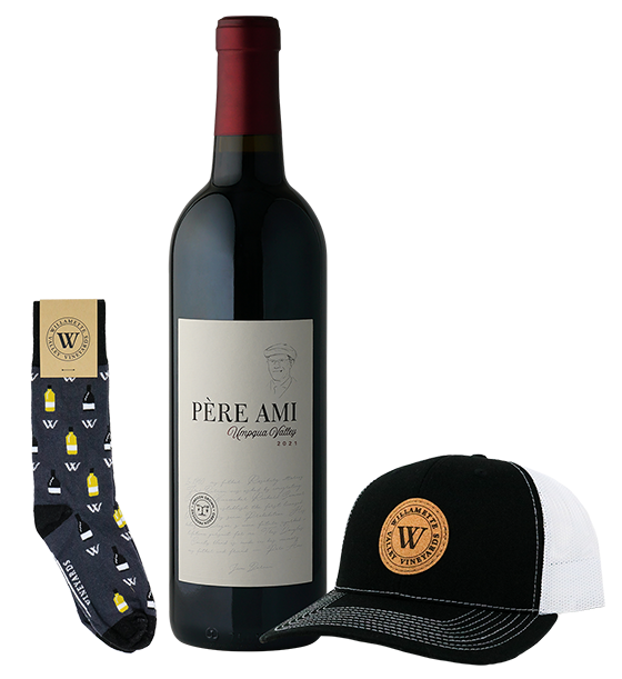 Fathers Day collection featuring WVV branded hat, socks and the 2021 Père Ami Red Blend