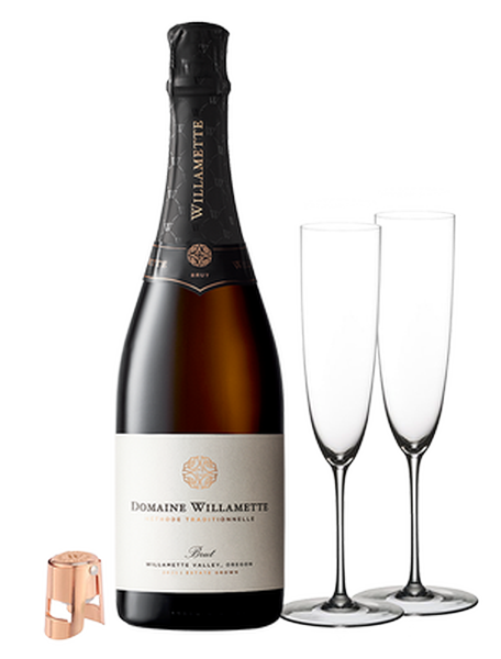 Wedding Collection featuring 2020 Domaine Willamette Brut, a rose gold sparkling wine stopper and two riedel flutes