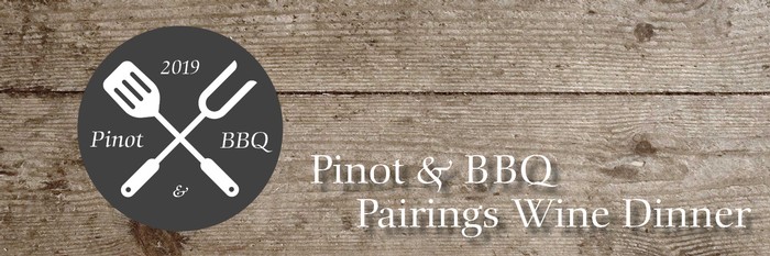 Pinot and BBQ Crest with wood background