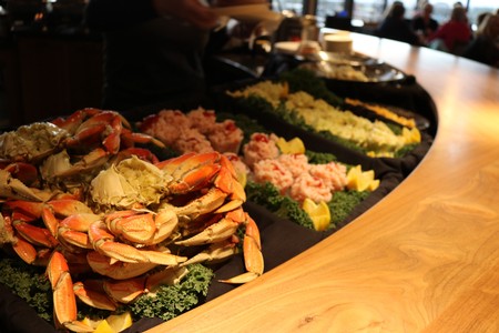 Image of crab and other seafoods prepared for a seafood pairing event at Willamette Valley Vineyards