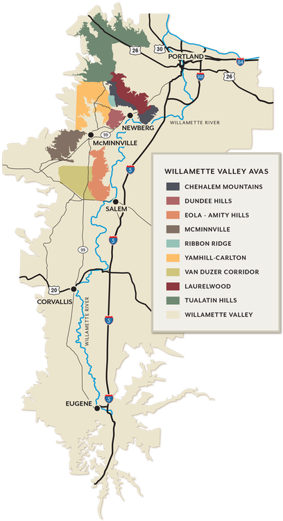 Map of Willamette Valley AVAs from Willamette Wine Association