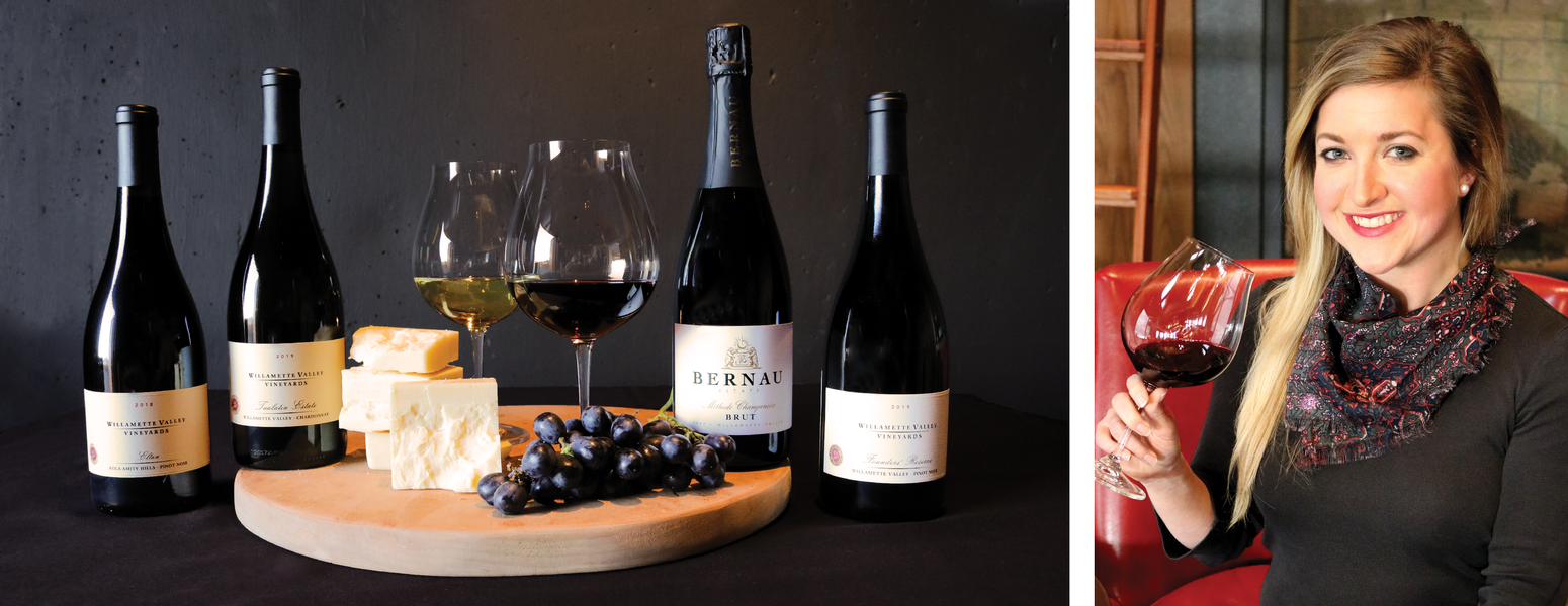 Image of bottles of wine and Tillamook Cheese as well as a headshot of Willamette Valley Vineyards Regional Brand Manager Julie Harris