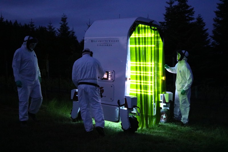 OSU scientists with UV-C Robot at Willamette Valley Vineyards.